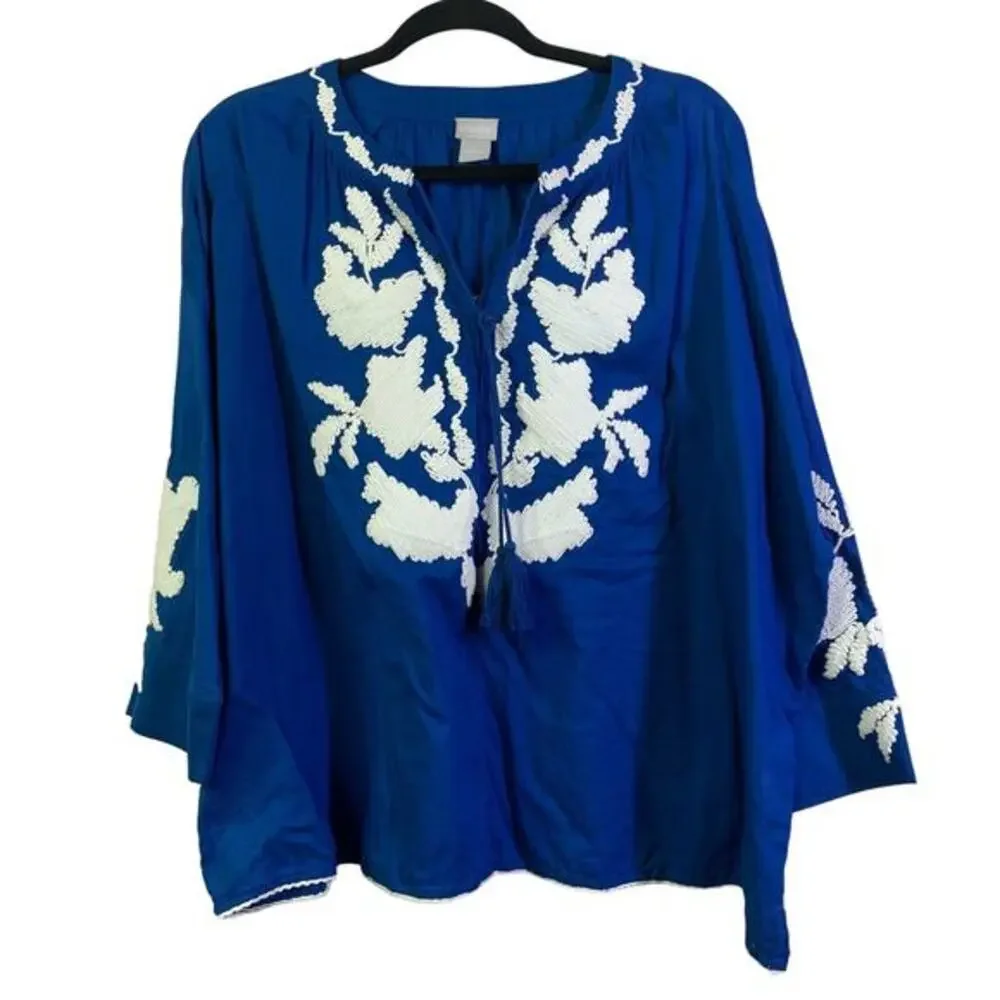 CHICO'S Blouse Embroidered Three-Quarter Sleeve Tassel Tie Neck Peasant Boho Top - Picture 1 of 11